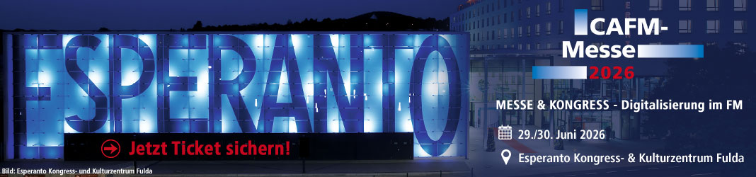 Headerbild der CAFM-Messe 2026 im Esperanto Kongress- und Kulturzentrum Fulda bei Nacht, mit groß beleuchteter „ESPERANTO“-Fassade, Hinweis „Jetzt Ticket sichern!“ sowie den Infos: 29./30. Juni 2026 im Esperanto in Fulda.