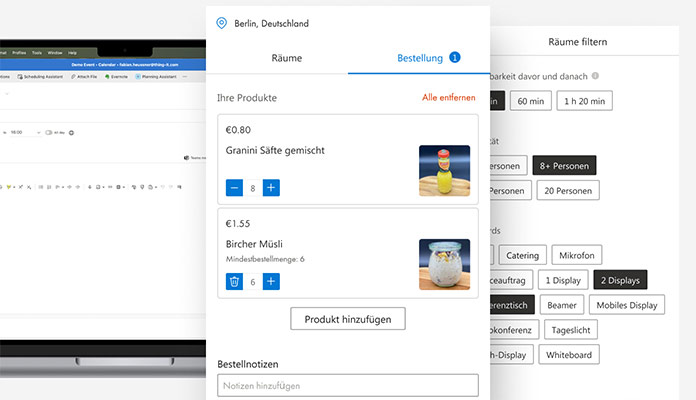 Catering-Shop und Raumfilter im MazeMap Workplace: Produkte wählen, Mindestmengen und Ausstattung für Meetings definieren
