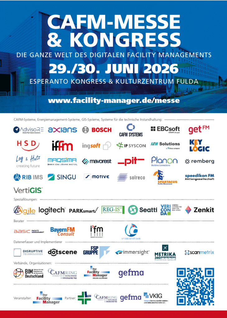 Poster announcing CAFM-MESSE & KONGRESS on 29–30 June 2026 at Esperanto Kongress & Kulturzentrum, Fulda; website www.facility-manager.de/messe