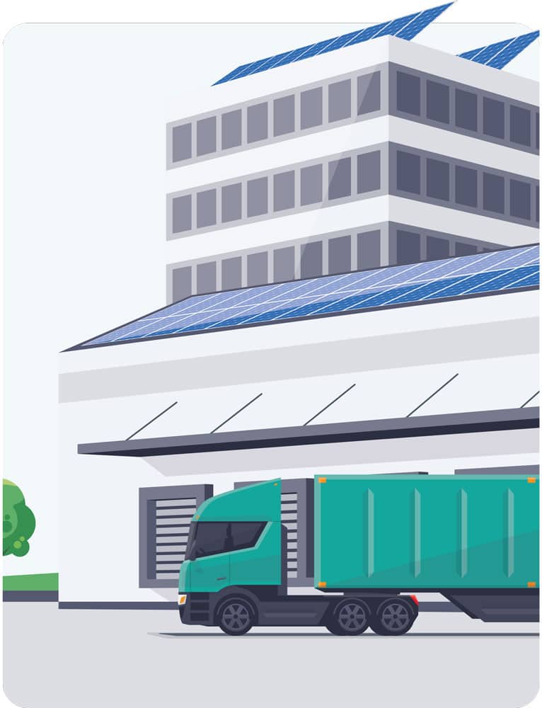 Eco-friendly logistics scene: a teal delivery truck at a loading dock of a modern building with solar panels on the roof.