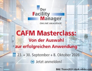 Werbebanner zur CAFM Masterclass: Online-Lehrgang für Facility Manager zur Auswahl und Anwendung von CAFM-Systemen am 23. und 30. September und 8. Oktober 2026 mit Logo von Der Facility Manager Online-Akademie
