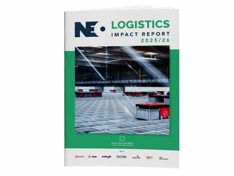 Cover of the Logistics Impact Report 2025/26 with a green border and an industrial interior photo.