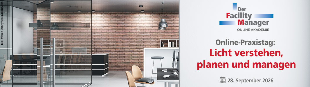 Headerbild zum Online-Praxistag „Licht verstehen, planen und managen“ am 28. September 2026 mit modernem Büro- und Lichtmanagement-Motiv.