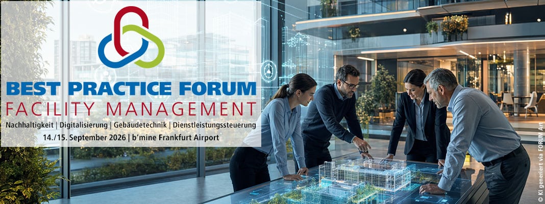 Best Practice Forum Facility Management: Vier Fachleute besprechen an einem digitalen Gebäudemodell Themen wie Nachhaltigkeit, Digitalisierung, Gebäudetechnik und Dienstleistungssteuerung. Veranstaltung am 14. und 15. September 2026 im b’mine Frankfurt Airport.