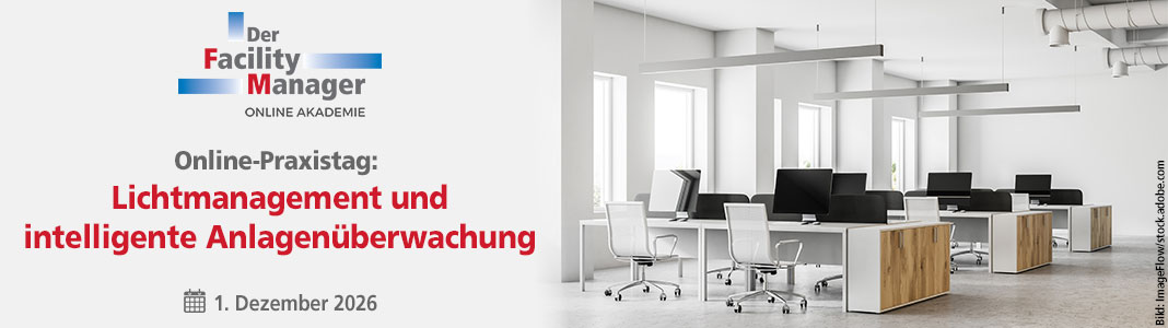 Online-Praxistag „Lichtmanagement und intelligente Anlagenüberwachung“ am 1. Dezember 2026 mit moderner Bürobeleuchtung und vernetzter Gebäudetechnik. Bild: ImageFlow/stock.adobe.com
