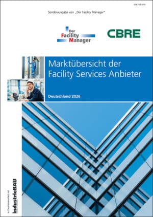 Cover of a report titled 'Marktübersicht der Facility Services Anbieter Deutschland 2026' with logos 'Der Facility Manager' and 'CBRE' at the top.