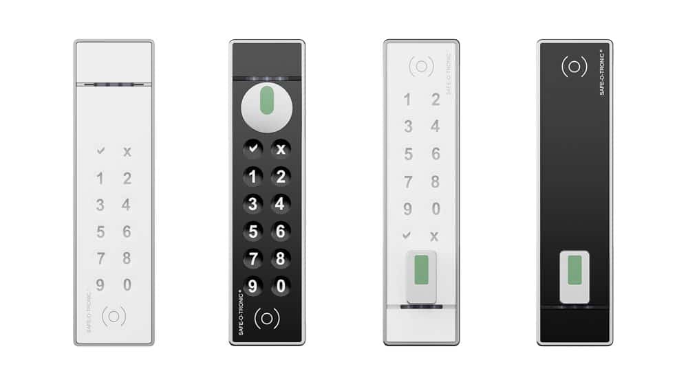 Four vertical electronic door lock keypads shown in a row for keypad entry access