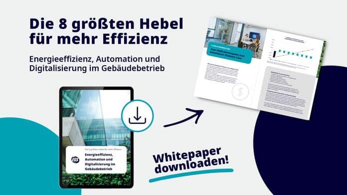 Werbegrafik für ein Whitepaper zum Gebäudebetrieb. Die Überschrift lautet: „Die 8 größten Hebel für mehr Effizienz“, darunter steht: „Energieeffizienz, Automation und Digitalisierung im Gebäudebetrieb“. Neben einer Tablet-Abbildung und einem Downloadsymbol sind Seiten des Whitepapers zu sehen. Der Aufruf lautet: „Whitepaper downloaden!“