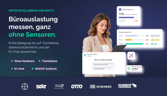 Werbegrafik von Seatti für „Office Intelligence“. Eine Frau arbeitet mit einem Laptop; daneben sind Auslastungsübersichten und eine KI-Chatoberfläche eingeblendet. Der Text lautet: „Büroauslastung messen, ganz ohne Sensoren.“ Die Belegung lasse sich bis auf Tischebene, datenschutzkonform und per KI-Chat auswerten. Als Merkmale werden „Ohne Hardware“, „Tischebene“, „KI-Chat“ und „DSGVO-konform“ genannt. Unten sind mehrere Unternehmenslogos abgebildet.