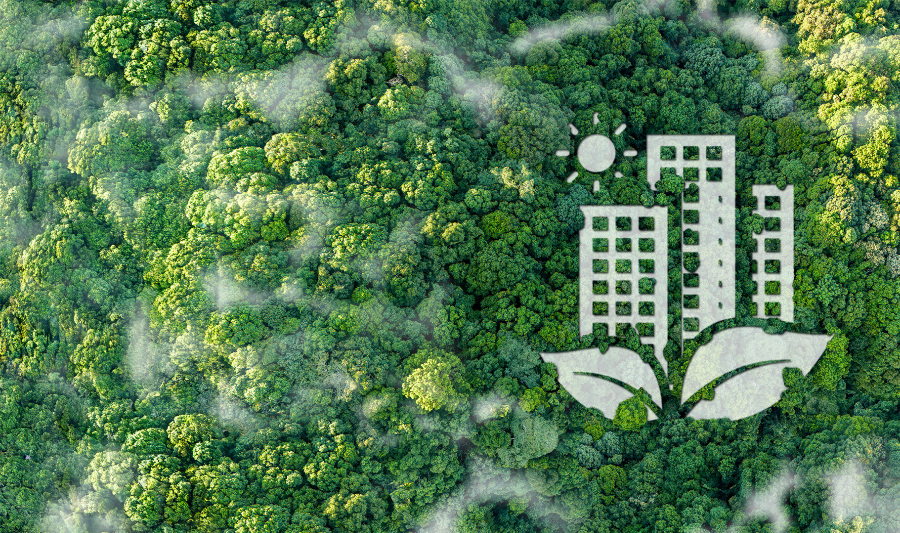 Aerial view of a lush forest with a white eco-friendly city icon (buildings and leaves) overlaid, symbolizing sustainable urban development.